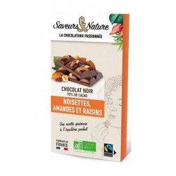 Chocolat noir 70% de cacao (amandes, noisettes et raisins secs) 100g